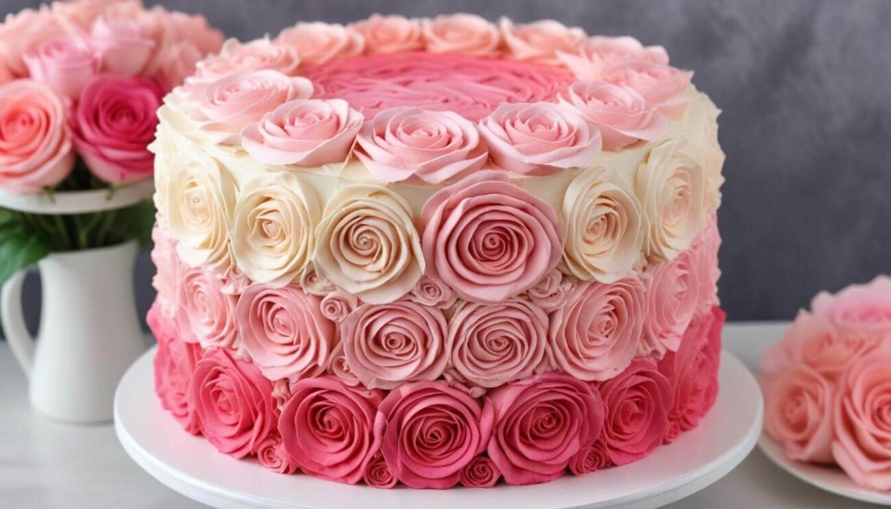 Pink Ombre Roses Cream Cake