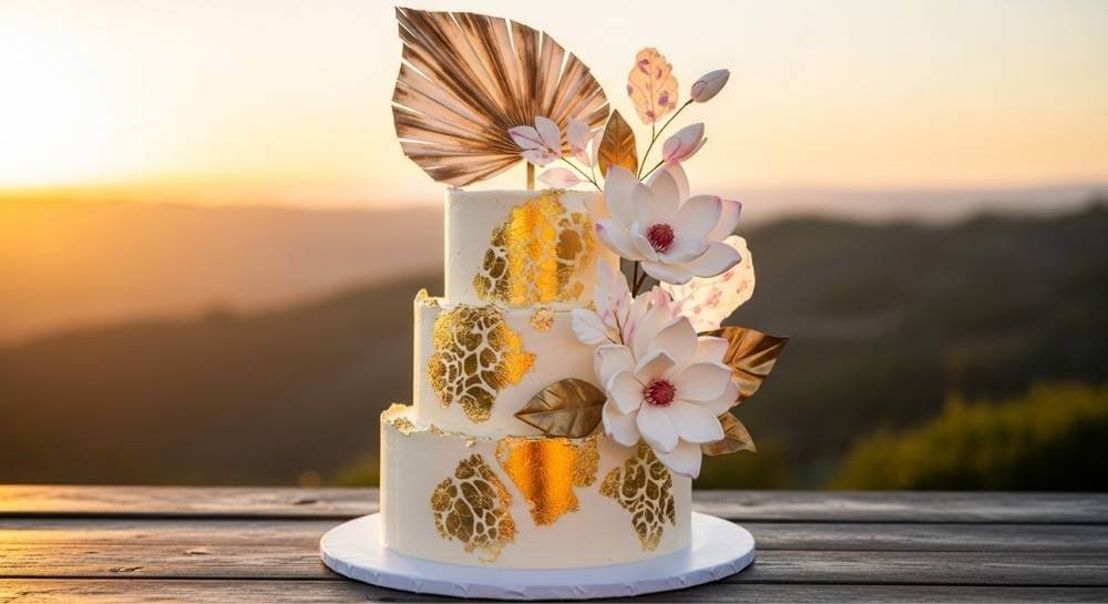 3 Tier White and Gold Wedding Cake 6