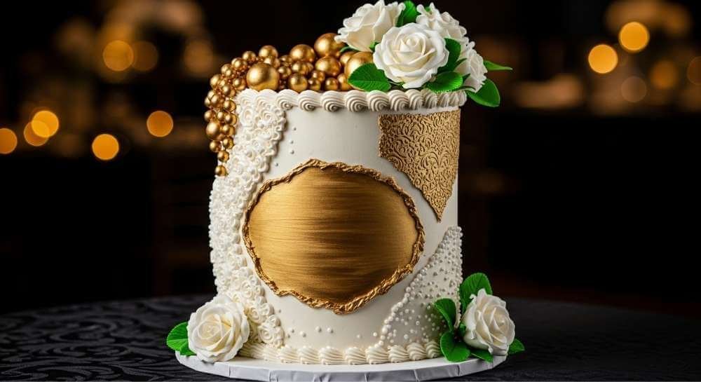 Luxurious White Gold With Flowers Cake